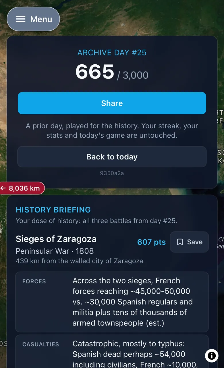 The end of a day: a total of 665 out of 3,000 with Share and Back to today buttons. Below it the History Briefing opens on the first battle of the day, showing its score, a Save bookmark and the start of its forces and casualties.