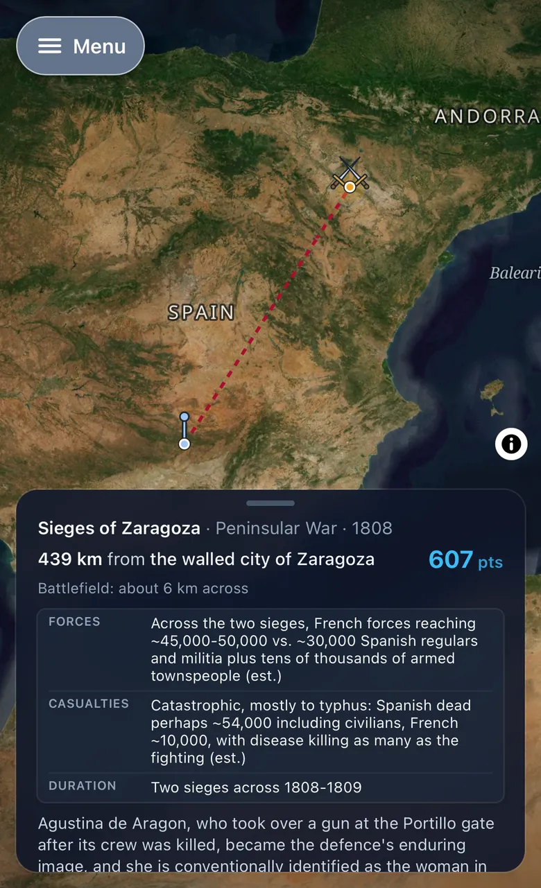 The reveal after confirming. The globe has zoomed in on Spain, where a dotted red line runs north-east from the blue guess pin to a crossed-swords marker on the real site. A card below reads 439 km from the site and 607 points, over a strip giving the forces, casualties and duration.